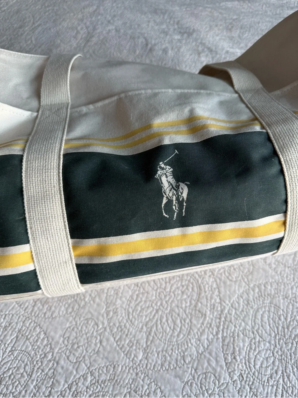 Vintage Polo by Ralph Lauren Dark Green and Yellow Striped Canvas Duffel Bag